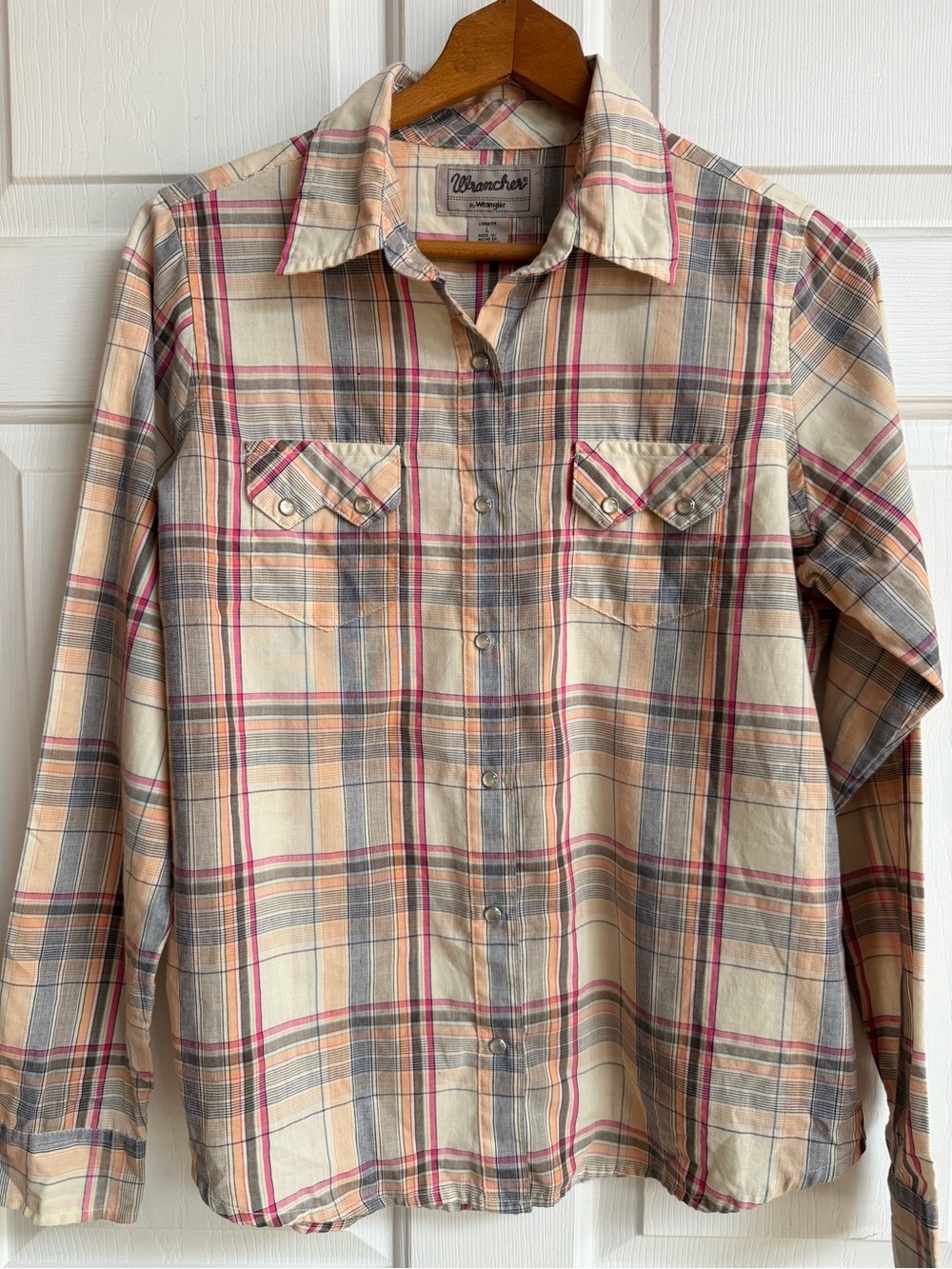 Wrangler Cream Plaid Button-Down Shirt with Pink and Gray Stripes - Picture 1 of 6